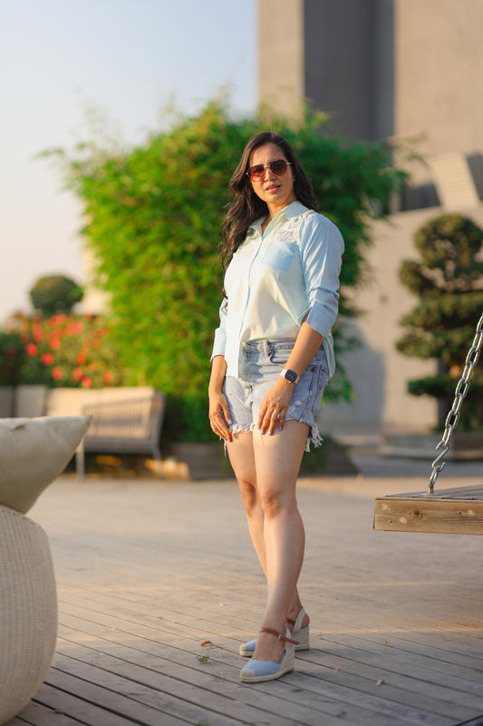 Blue & Green Striped Butterfly Shirt