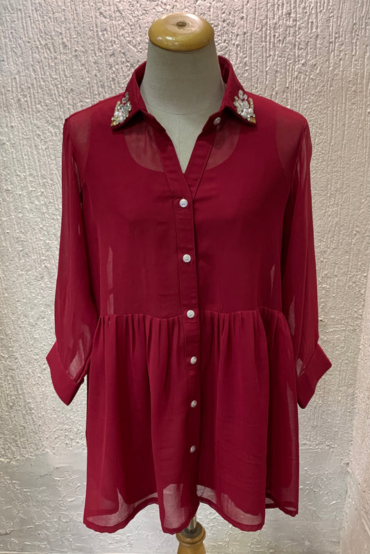 Maroon Embellished Collar Shirt