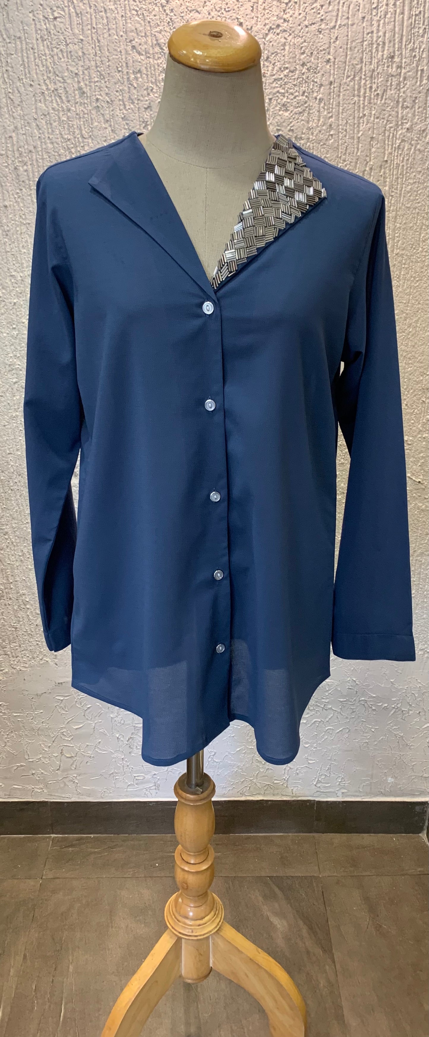 Blue Fold Back Embroidered Collar Shirt