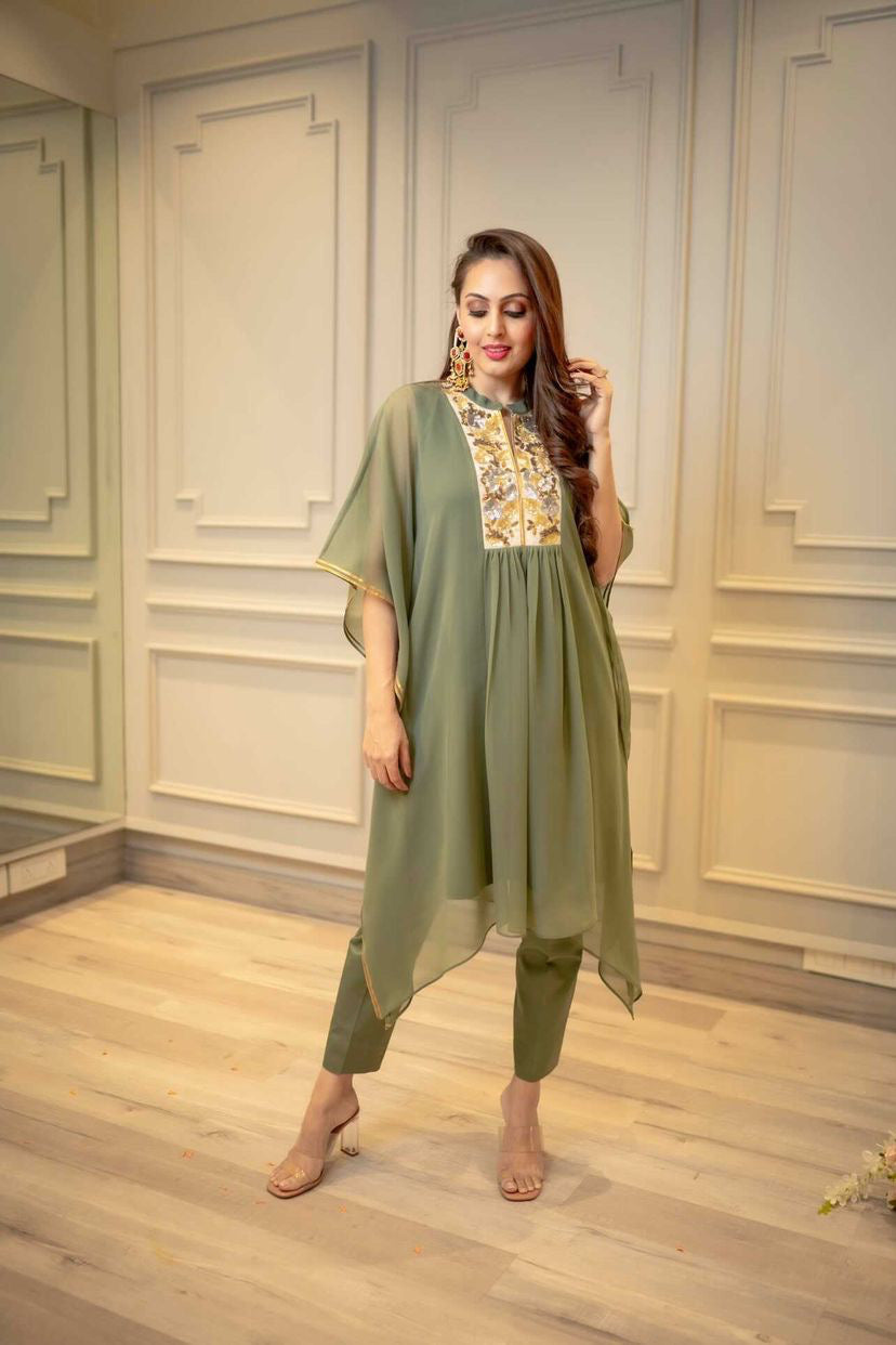 Olive Green hand embroidered kaftan set